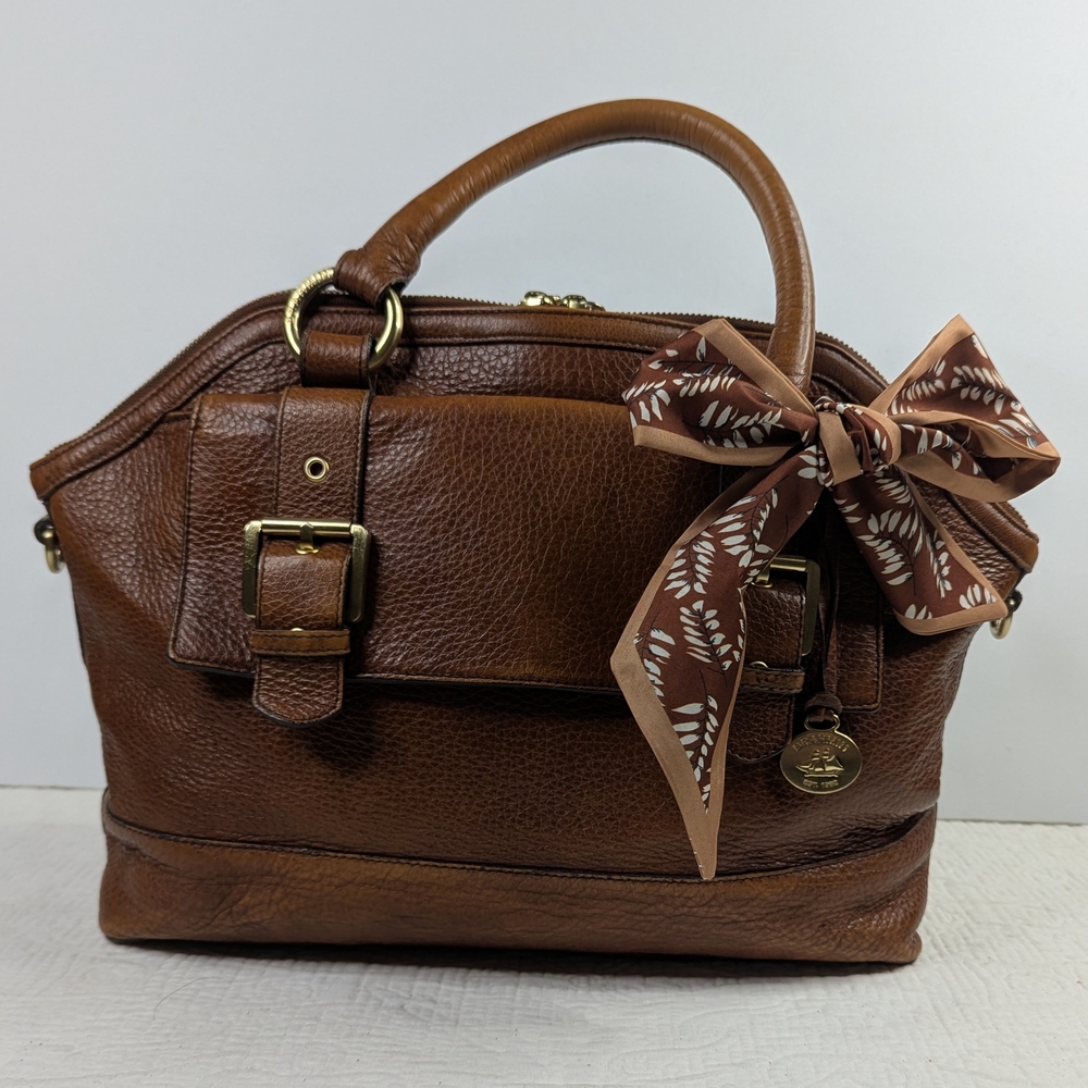 Vintage Brahmin Tobacco Brown Pebbled Leather Satchel Handbag Gold Hardware